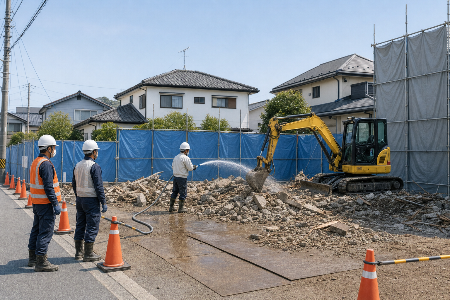 家屋解体現場で重機と作業員が安全に作業している様子